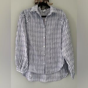 Umgee Button Up Blouse Women's Size S Blue White Striped Long Balloon Sleeves